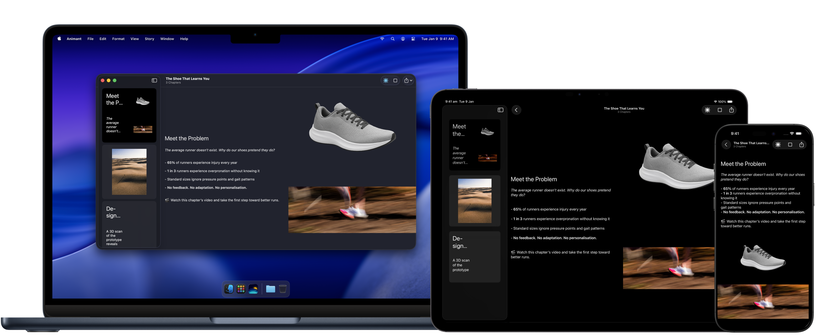 Animant presentation interface showing 'The Shoe That Learns You' with 3D shoe model and interactive elements