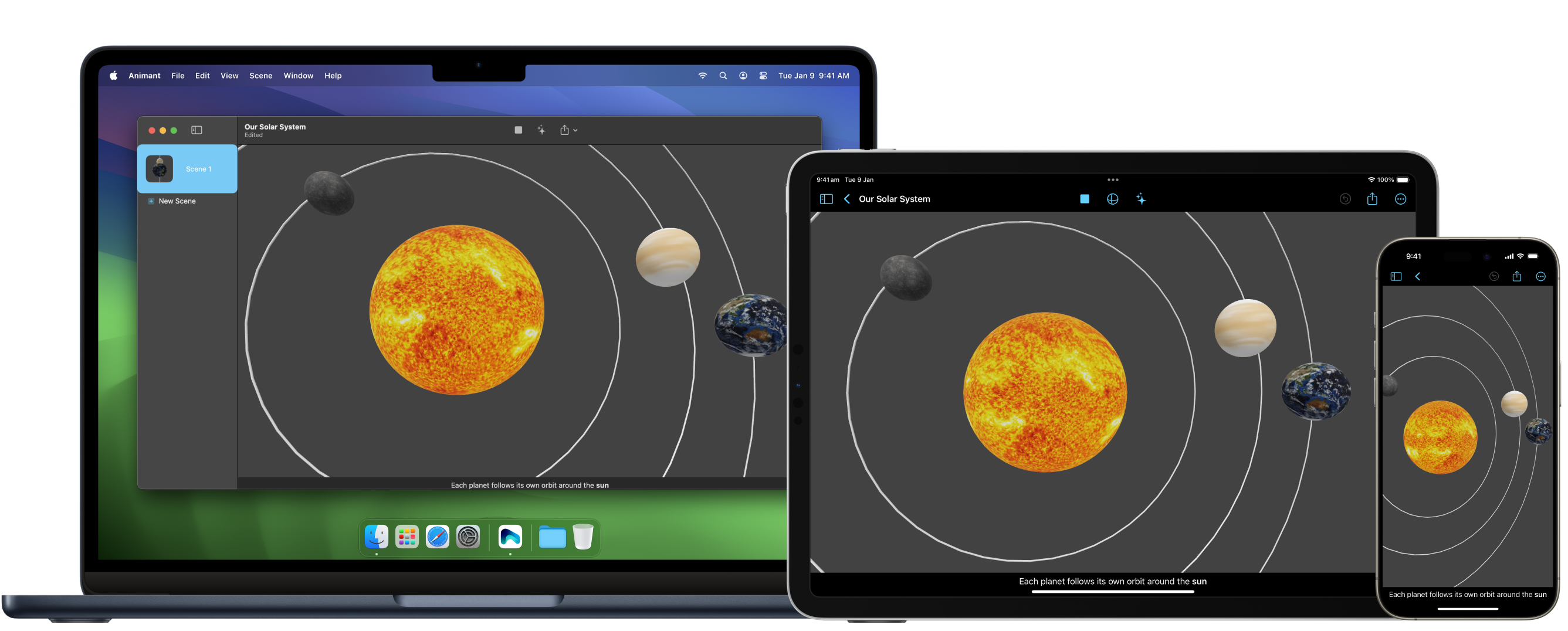 A MacBook, iPad, and iPhone displaying the Animant interface displaying a project titled 'Our Solar System'
