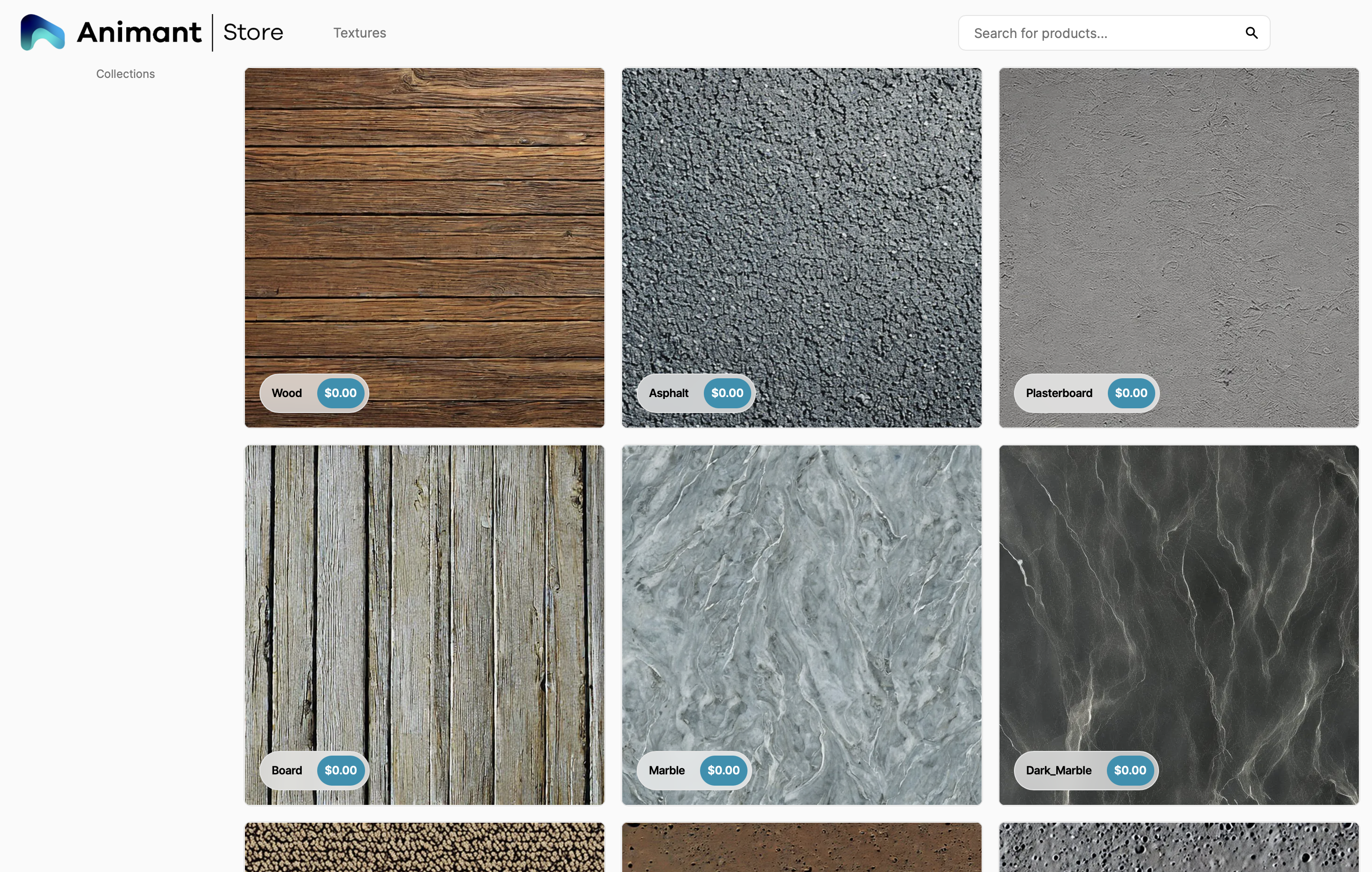 The Animant Store, showing a gallery of Textures available for download.